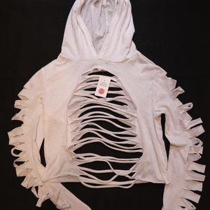 White Cropped Sweater Top With Cutouts and Hood NEW Never Worn Size Small